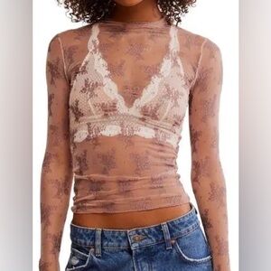 Free People Sheer Floral Mesh Long Sleeve Top - Taupe Brown